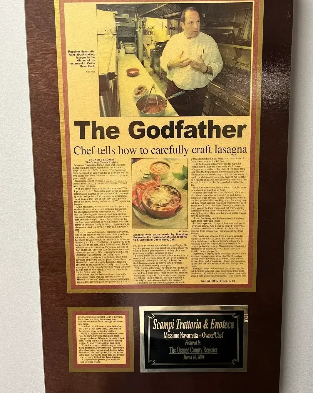 The Godfather — newspaper feature on Chef Massimo's lasagna